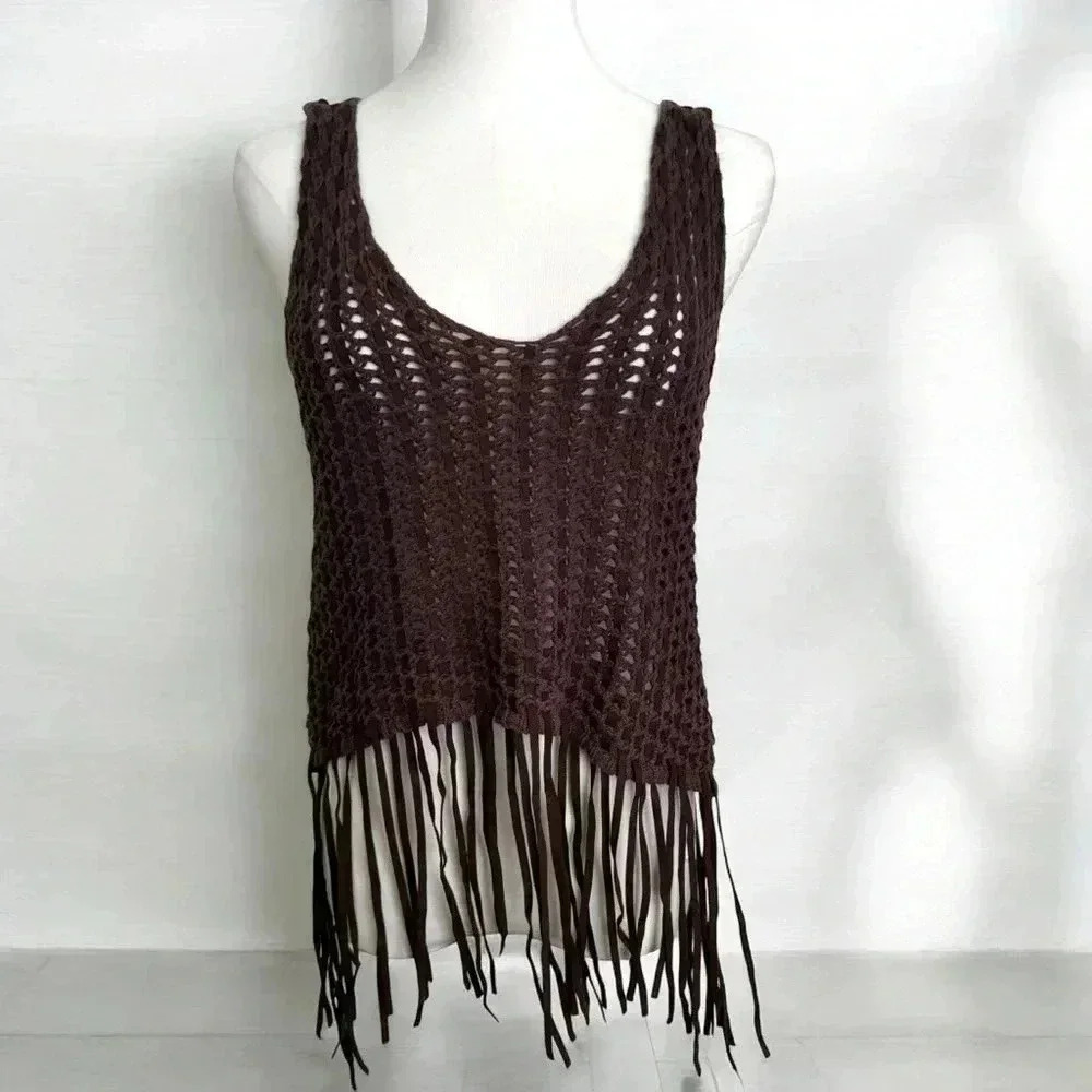 Y2K crochet western faux leather details  top coastal cowgirl boho S